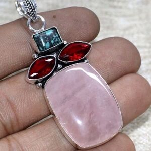 Rose Quartz, Garnet, and Turquoise Gemstone 925 Sterling Silver Pendant Necklace